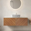 48 Inch Bathroom Vanity with Sink, Floating Fluted Vanity with Vessel Sink, Modern Wall Mounted Bathroom Vanity Cabinet with 2 Doors, Oval Marble Vessel Ceramic Sink & Sintered Stone Top, Oak