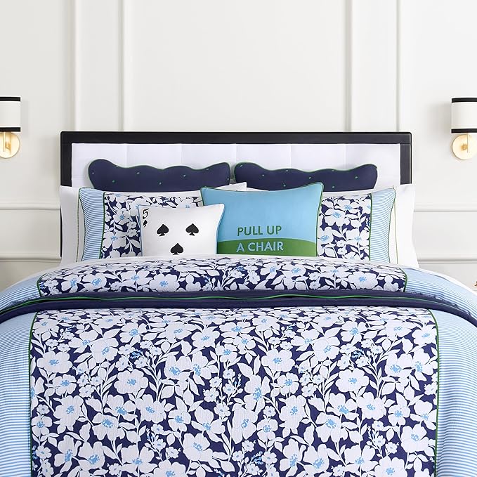 Kate Spade New York Pull Up A Chair Reversible Decorative Pillow, 20" x 20" Throw Pillow for Bed or Sofa, Cotton and Linen Cover, Blue and Green, 20 x 20