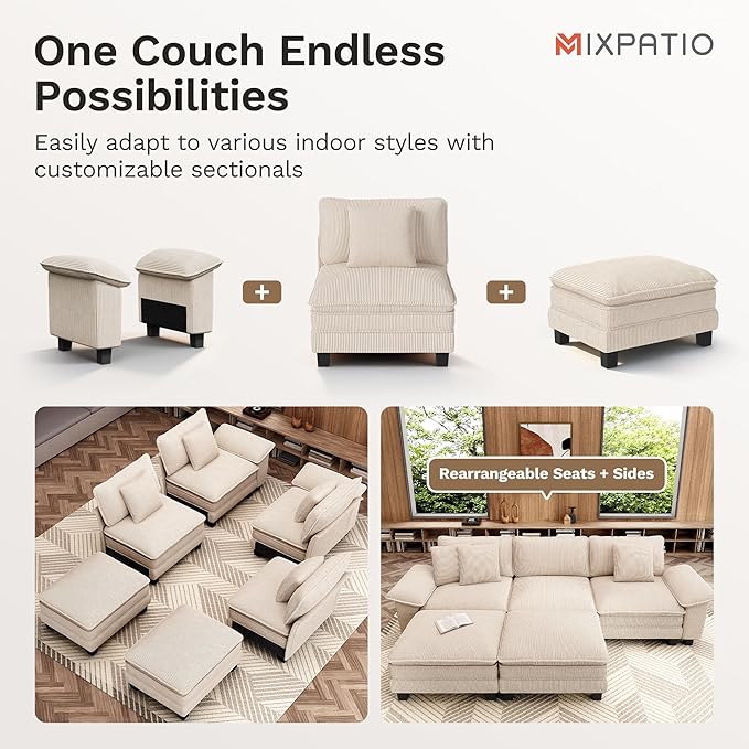 87-Inch L Shaped Sectional Sofa with Cloud Cushions, Deep Seat Modular Couch Set w/ 3 Seats & 1 Ottomans, Removable Arms, Plush Corduroy Upholstery for Living Room, Apartment - Beige