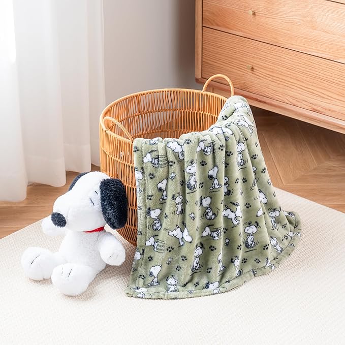Berkshire Blanket Peanuts VelvetLoft Cute Character Snoopy Plush Throw Blanket,Peanuts Poses and Paws Loden,Throw 55 in x 70 in (Official Peanuts® Product)