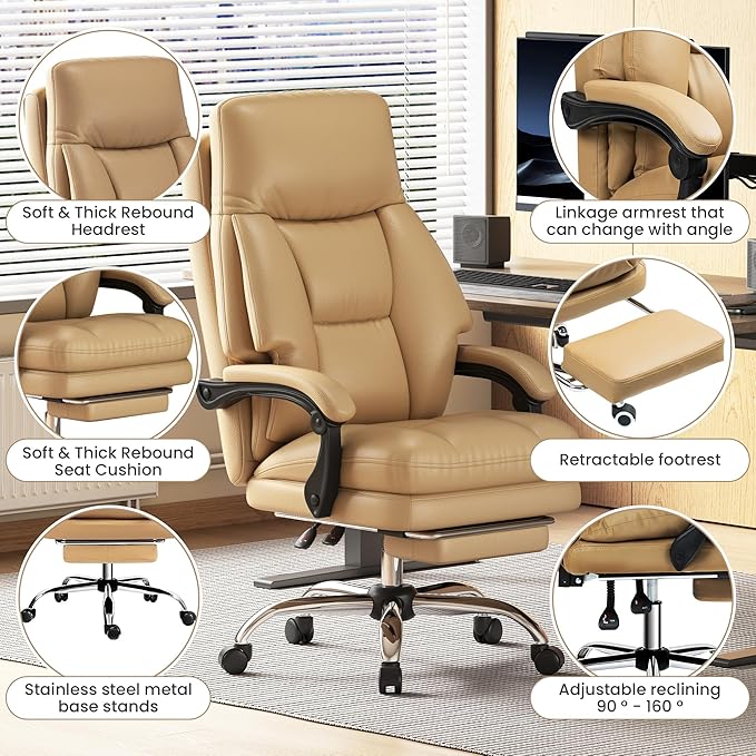 Home Office Desk Chair, 90°-160° Reclining, High Back Executive OfficeChair 400LBS with Footrest, Ergonomic Scratch-Resistant Faux Leather Computer Gaming Chair with Lumbar Support