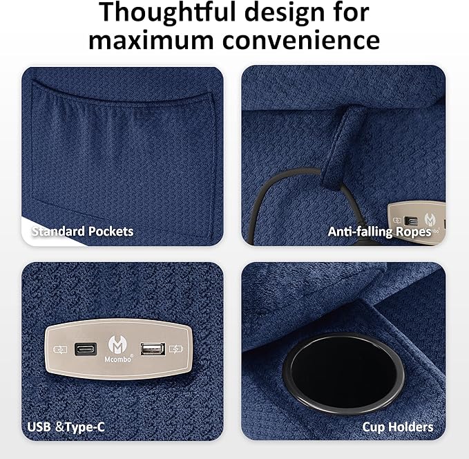 MCombo Large Triple Motor Power Lift Recliner Chair with Massage and Heat for Elderly People, Adjustable Headrest, Infinite Position, USB Ports, Fabric 7662 (Navy Blue, Large)