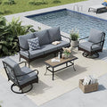 MFSTUDIO 4 Pieces Outdoor Patio Furniture Set, Metal Outdoor Conversation Set, Rattan Wicker Patio Sectional with 2 x Swivel Single Sofa, 3-Seat Sofa, 1 x Coffee Table, Grey
