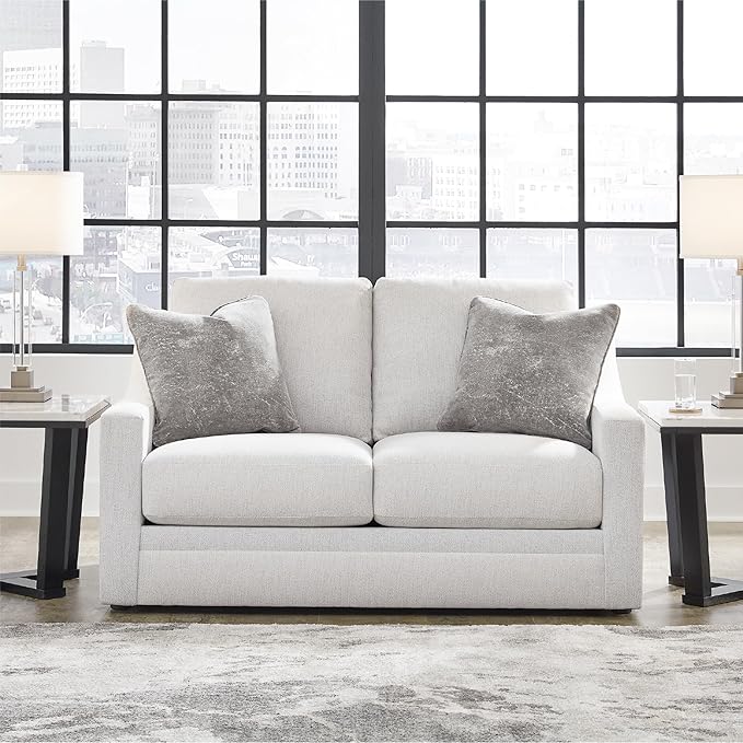 Signature Design by Ashley Maitelynn Contemporary Loveseat with Accent Pillows, Reversible Cushions and Sloped Arms, Light Gray