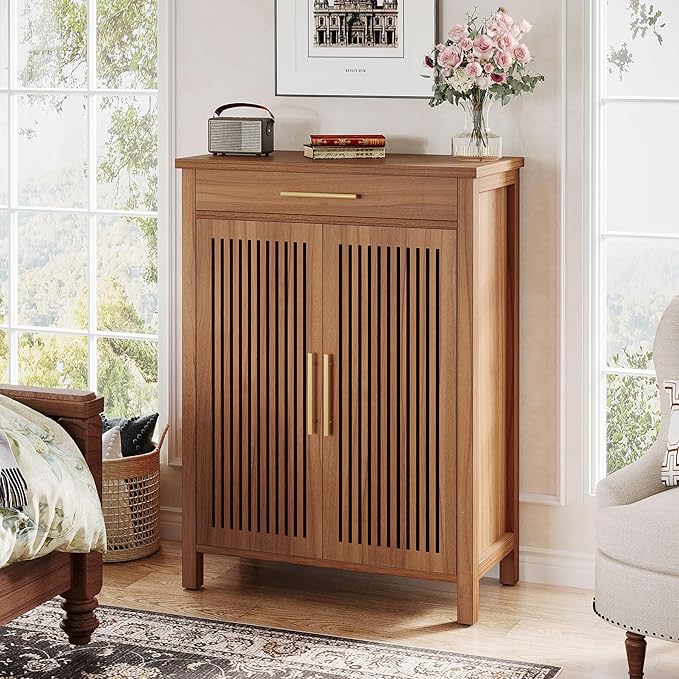 Tribesigns Shoe Cabinet, 5-Tier Shoe Storage Cabinet with Louvered Doors and Drawer, Freestanding Wooden Shoe Rack Organizer with Adjustable Shelves for Entryway, Hallway, Closet, Brown