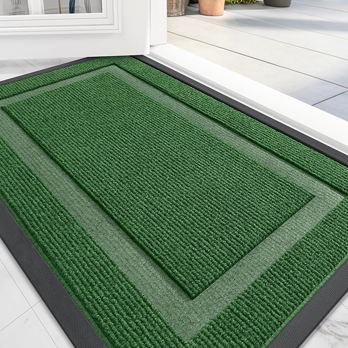 OLANLY Front Door Mat Indoor Outdoor Entrance, Waterproof All-Season, All-Weather Doormat, Sturdy Natural Rubber, Fade Resistant, Low Profile, Easy Clean Patio Porch Entryway Mat, 59x20, Green