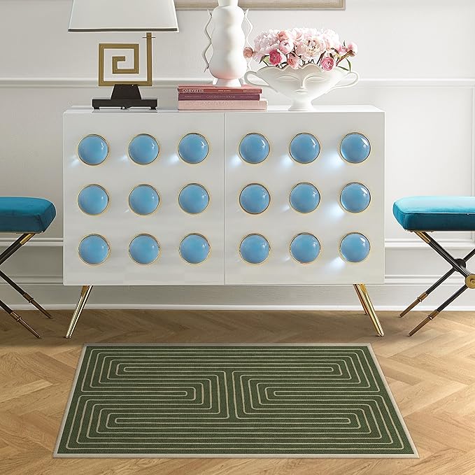 RUGGABLE x Jonathan Adler Machine Washable Modern Area Rug – Labyrinth Fern Green 2x3, Stain-Resistant, Non-Slip – Small Rugs for Living Room, Bedroom, Hallway, Entryway & Bathroom–with Standard Pad