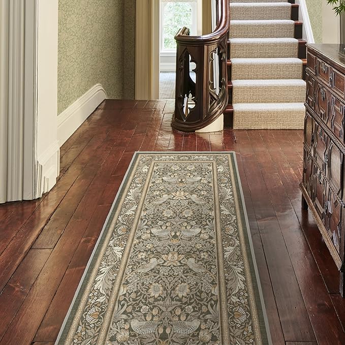 RUGGABLE x Morris & Co Machine Washable Area Rug – Strawberry Thief Stone Gold 9x12, Stain-Resistant, Non-Slip – Large Rugs for Living Room, Bedroom, Hallway, Entryway & Office–with Cushioned Pad