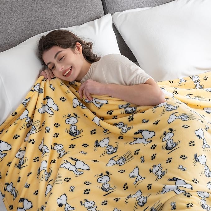 Berkshire Blanket Peanuts® VelvetLoft® Cute Character Snoopy Plush Blanket,Peanuts Poses and Paws Sundress,Full/Queen 90 in x 90 in (Official Peanuts® Product)