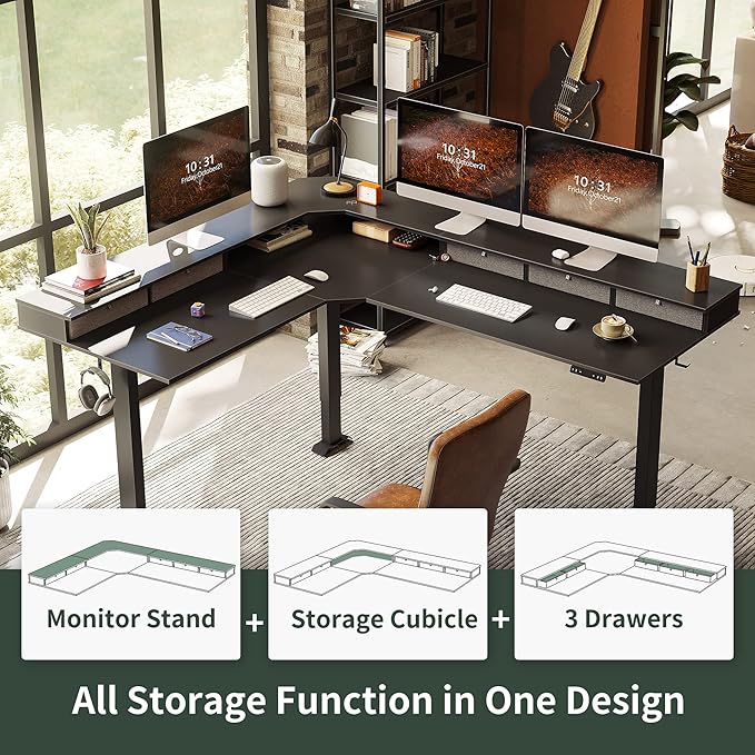 FEZIBO 75", 265lbs Load Capacity, L Shaped Standing Desk with Drawers, Reversible Electric Standing Gaming Desk Adjustable Height, Corner Stand up Desk with Splice Board, Black Frame/Black Top