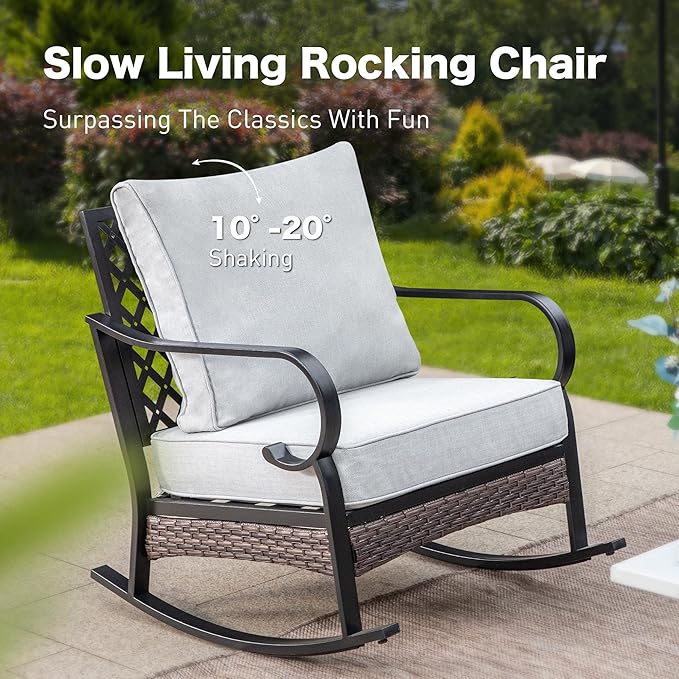 6 Piece Metal Outdoor Patio Furniture Set, Patio Conversation Set with 1 3-Seater and 2 Fixed Sofas, 2 Rocking Sofas with 5.75" Cushion & Coffee Table, Black and Light Gray