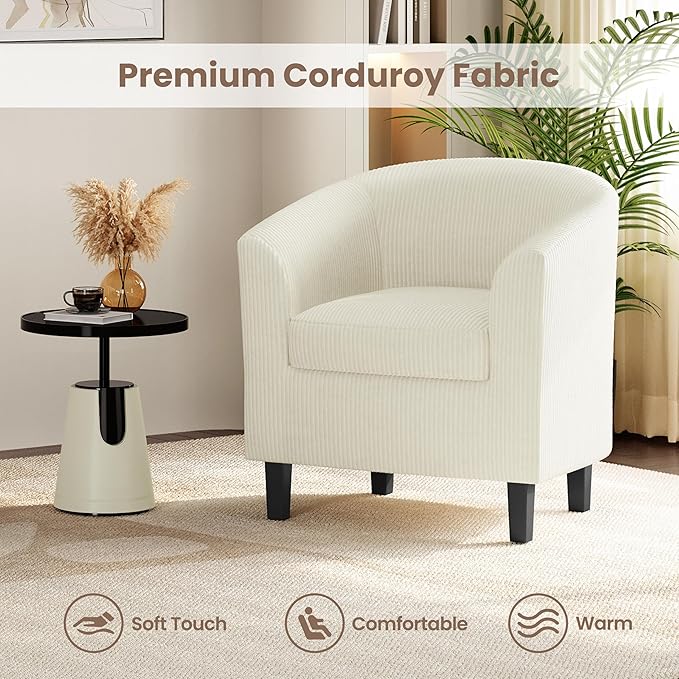 Yaheetech Corduroy Barrel Chair, Upholstered Club Accent Chair, Round Armchair with Soft Cushion for Living Room Bedroom Reading Waiting Room, Beige