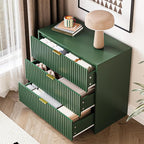3-Piece Dresser Bedroom Set, 7 Drawer Dresser & 3 Drawer Nightstands with Gold Handles, Fluted Wood Chest of Drawers for Bedroom, Living Room, Entryway, Green
