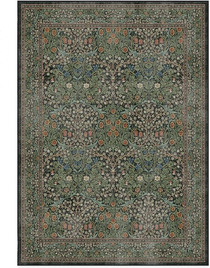 RUGGABLE x Morris & Co Washable Area Rug – Blackthorn Forest Green 5x7, Stain-Resistant, Non-Slip – Medium Machine Washable Rugs for Living Room, Bedroom, Hallway, Entryway & Office–with Standard Pad