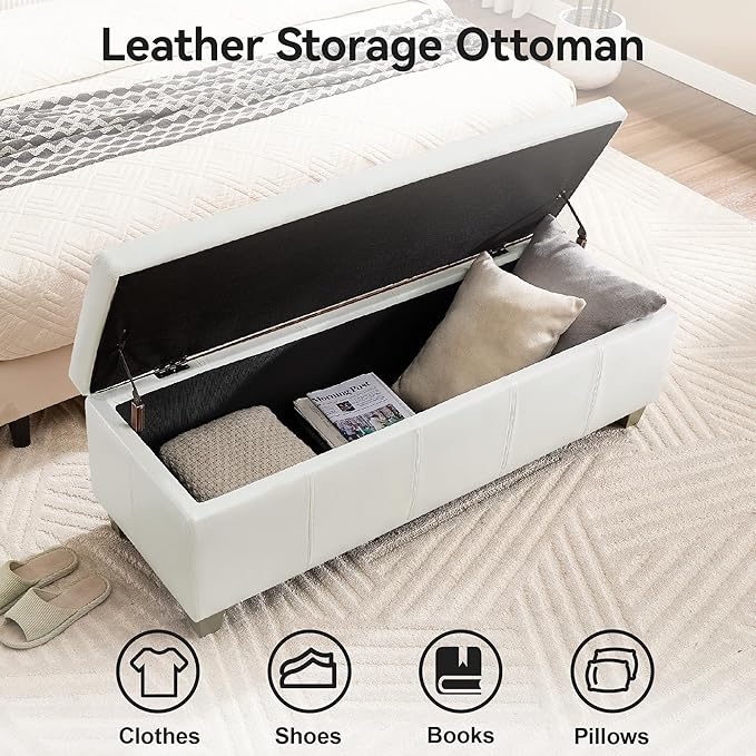 41" Faux Leather Storage Ottoman, Stitch Tufted Rectangle Upholstered End of Bed Storage Bench, Entryway Large Couch Ottoman with Wooden Legs,White