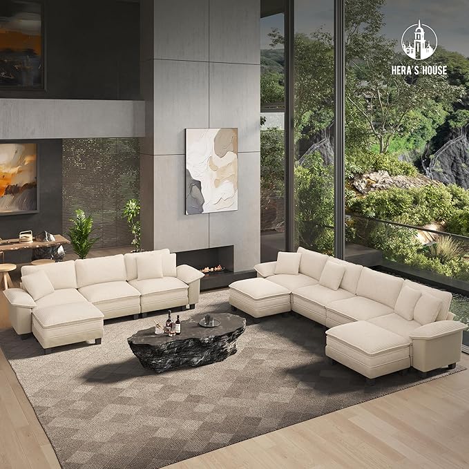 HERA'S HOUSE Oversized Modular Sectional Sofa, 158" L Shaped Cloud Couch with Ottoman and Throw Pillow, Mixed Fabric Sleek Couches for Living Room, Beige