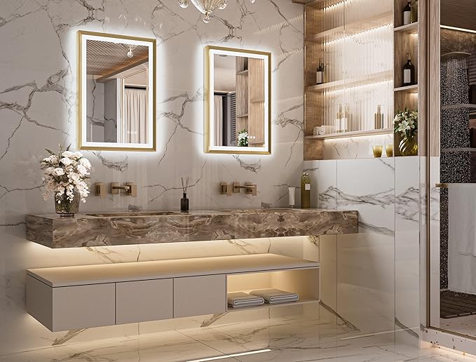 Keonjinn Gold LED Bathroom Mirror 20 x 28 Inch with Frontlit & Backlit, Lighted Mirrors Metal Framed for Wall, Stepless 3 Colors Lights, Anti Fog, Tempered Glass, Brighter and No Dark Corner
