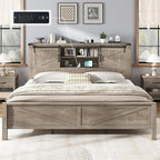 AMERLIFE Farmhouse King Bed Frame, Rustic Wood Platform Bed w/Barn Door Storage Bookcase Headboard & Charging Station, Bedroom Furniture, No Box Spring Needed, Light Grey