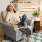 PrimeZone Comfy Accent Chair, Mid-Century Modern Fabric Living Room Chair Reading Chair with Soft Cushion, Nailhead Trim & Rolled Armrest, Arm Chair Sofa Chairs for Bedroom Waiting Room Office, Grey