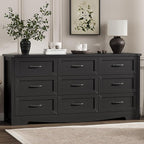 Dresser for Bedroom with 9 Drawers, 63" Wide Wood Chest of Drawers with Deep Drawers & Mental Handle, Modern Dresser TV Stand, Wooden Closet Storage Organizer for Living Room, Hallway, Entryway, Black