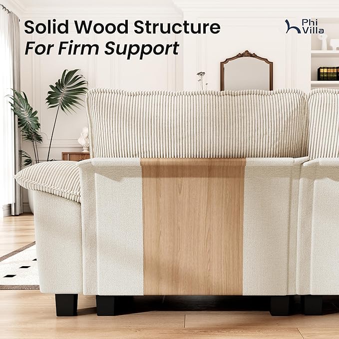 PHI VILLA Cloud Modular Couches Sets, 87.5" Sectional Loveseat Sofa with 1 Movable Ottoman, 3-Seater Comfy Couches for Living Room Apartment, Chenille & Corduroy Dual Fabric, Beige