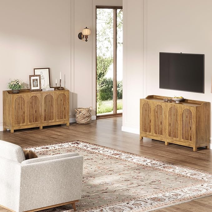 Tribesigns 57" Buffet Cabinet with Storage, Long Sideboard Cabinet with Doors & Adjustable Shelves, Wood Accent Sideboard for Dining Room, Living Room, Kitchen, Light Walnut Brown