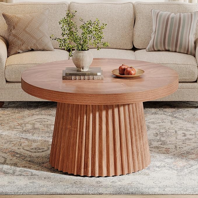 Tribesigns Coffee Table, 31.5" Small Farmhouse Round Coffee Tables with Fluted Drum Base, Mid Century Modern Farmhouse Accent Center Table for Living Room, Apartment, Small Space, Walnut