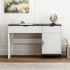 47" Fluted Executive Desk, Modern Wood Home Office Desk with Charging Station, Drawer & Cabinet, Computer Writing Desk for Work Study, White and Black