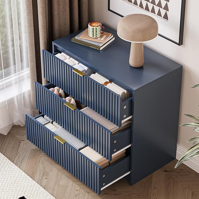 3-Piece Dresser Bedroom Set, 8 Drawer Dresser & 3 Drawer Nightstands with Gold Handles, Fluted Wood Chest of Drawers for Bedroom, Living Room, Entryway, Navy Blue
