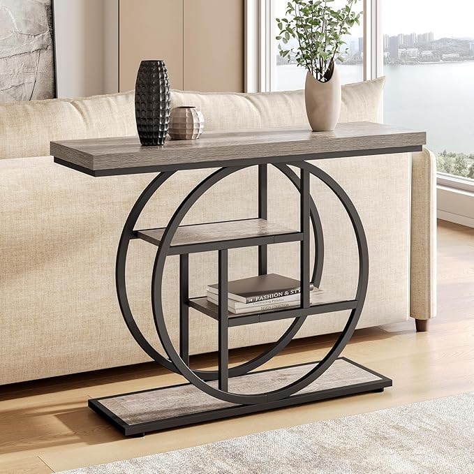 Little Tree Console Table, 4-Tier Entryway Table Behind Couch Table, 41.3-Inch Farmhouse Sofa Table for Living Room, Foyer Hallway Table for Entrance, Grey and Black