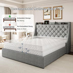 Full Size Upholstered Platform Bed Frame with 4 Storage Drawers and Charging Station, Linen Button Tufted Wingback Headboard, Sturdy Wooden Support Slats, No Box Spring Needed, Light Grey