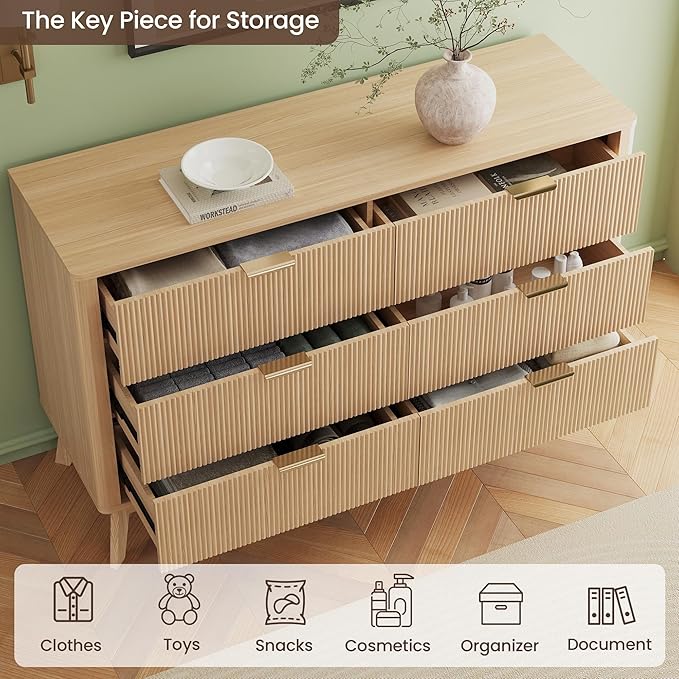 Fluted Dresser for Bedroom,49.6'' Modern Wooden Dresser with 6 Drawers, Bedroom Dressers, Natural Wood Chest of Drawers for Living Room, Hallway (Oak)