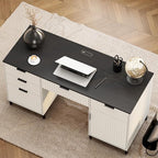 Modern Fluted Executive Desk with File Drawer, 55" Large Computer Desk with Storage and Charging Station, Wooden Home Office Desk for Workspace, Writing, Study, Black/White