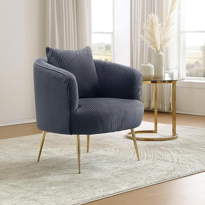 Art Leon Accent Chair Set of 2, Modern Velvet Upholstered Armchairs, Living Room Side Chairs Barrel Chairs with Golden Metal Legs, Gray