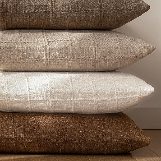 Foindtower Set of 2 Decorative Linen Check Throw Pillow Covers Neutral Farmhouse Lumbar Cushion Covers Modern Boho Home Decor for Sofa Chair Couch Bedroom Living Room,12×20 Inch,Cream White
