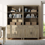 WAMPAT 5 Tier Farmhouse Bookcase 72" Tall Bookshelf with Barn Doors, Large Display Book Shelf with 2 Drawers and Storage Cabinet, Library Wood Bookshelves for Living Room,Kitchen, Wash Grey (2PCS)