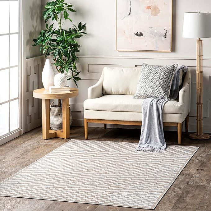 nuLOOM Nikita Checkered 4x6 Machine Washable Area Rug for Living Room Bedroom Dining Room Kitchen, Beige/Ivory