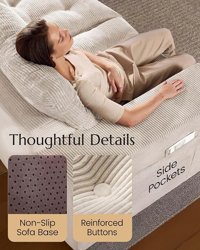 High Back Boneless Couch, Oversized U Shaped Cloud Couch with Versatile 2-Pack Pillow Blankets, Corduroy Modular Sectional Sofa with Ottoman, No Assemble Sectional Couches for Living Room