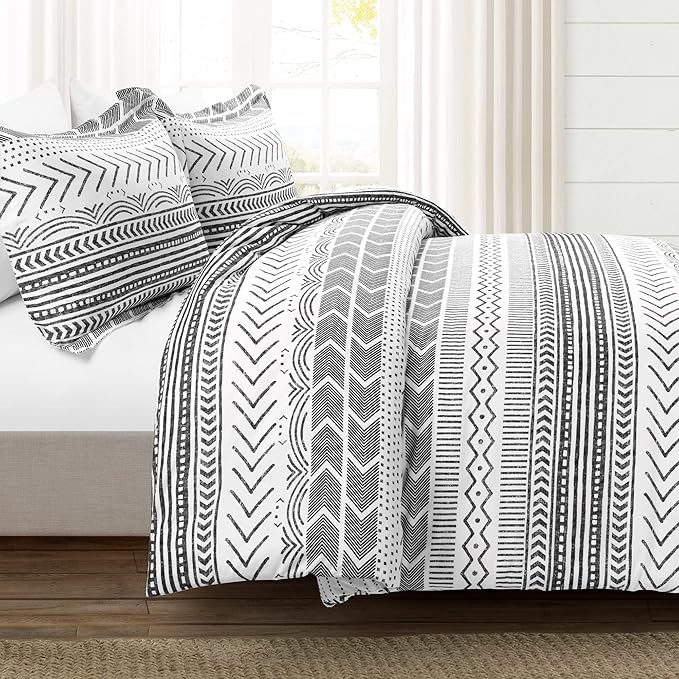 Lush Decor Hygge Geo Reversible 3 Piece Cotton Duvet Set, King, Black & White