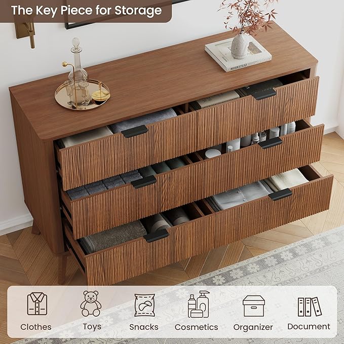 Fluted Dresser for Bedroom,49.6'' Modern Wooden Walnut Dresser with 6 Drawers, Bedroom Dressers, Natural Wood Chest of Drawers for Living Room, Hallway (Walnut)