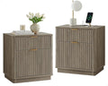 T4TREAM 23'' Fluted Nightstand Set of 2 with Charging Station, Large 2 Drawer Side Table, Modern End Table with Storage, Mid Century Bedside Table for Bedroom, Living Room, Curved Profile, Grey Alder