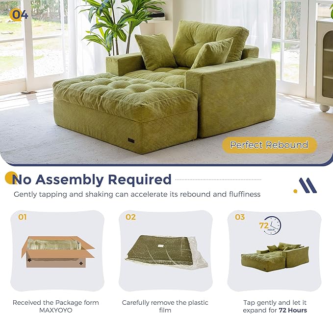 MAXYOYO Modular Sectional Chaise Lounge Sofa, Upholstered Lounge Chair with Ottoman, Comfy Couch with Layered Cushion, Tufted Upholstered Sleeper Chair for Living Room, No Assembly, Green