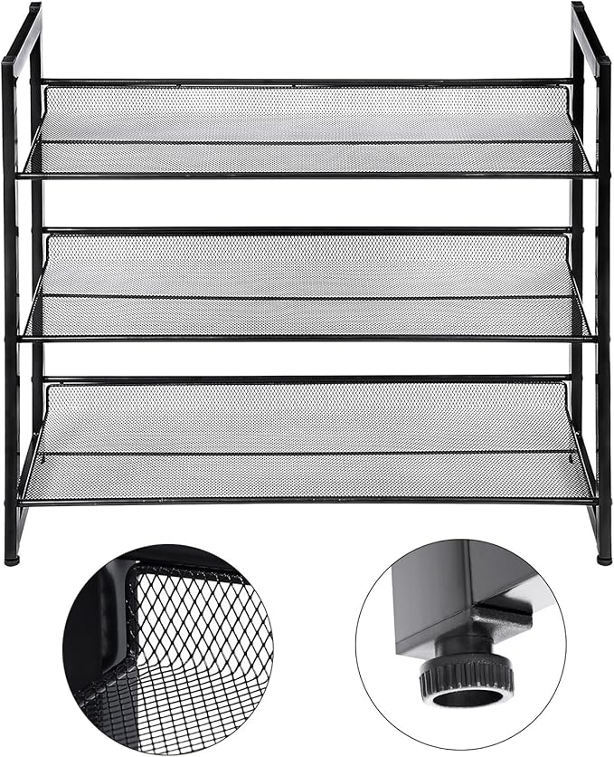 SONGMICS Shoe Rack, 3-Tier Shoe Organizer, Metal Shoe Storage for Garage, Stackable Shoe Shelf, with Adjustable Flat or Angled Shelves, 9-12 Pairs, Ink Black ULMR03B