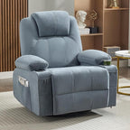 Oversized Swivel Rocker Recliner Chair with Heat and Massage, Large Big Recliner Chair for Living Room, 360 Degree Swivel Rocking Single Sofa with Cup Holders and USB Port(Fabric, Blue)