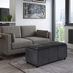 SIMPLIHOME Avalon 42 inch Wide Contemporary Rectangle Storage Ottoman in Distressed Black Vegan Faux Leather, Assembled, For the Living Room, Entryway and Family Room