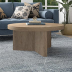 Henn&Hart 32" Fluted Round Low-Profile Coffee Table with Ribbed Pedestal Base for Living Room, Family Room, Office, or Apartment, Antiqued Gray Oak