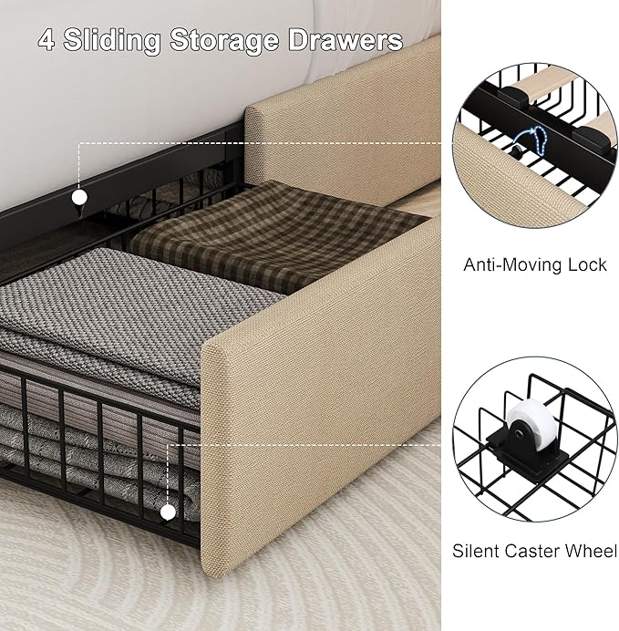 King Size Upholstered Platform Bed Frame with 4 Storage Drawers and Charging Station, Linen Button Tufted Wingback Headboard, Sturdy Wooden Support Slats, No Box Spring Needed, Beige