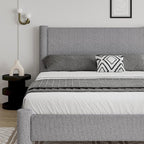 Queen Size Bed Frame, Boucle Upholstered Platform Bed with Headboard and Footboard, Soft Rounded Corners, No Box Spring Required, Easy Assembly, Light Grey