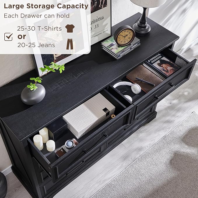 ACCOHOHO Farmhouse 8 Drawers Dresser Chests for Bedroom,52" Wide Wood Rustic Chest of Drawers with Metal Handle,Natural Texture,Drawer Organizer for Bedroom,Living Room,Hallway and Entryway,Black