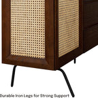 NTC MOSSIC Modern Sideboard with 4 Doors, Natural Rattan Storage Cabinet, Buffet with Metal Legs, Boho Accent Cabinet for Living Room, and Entryway, Effortless Assembly - Dark Walnut